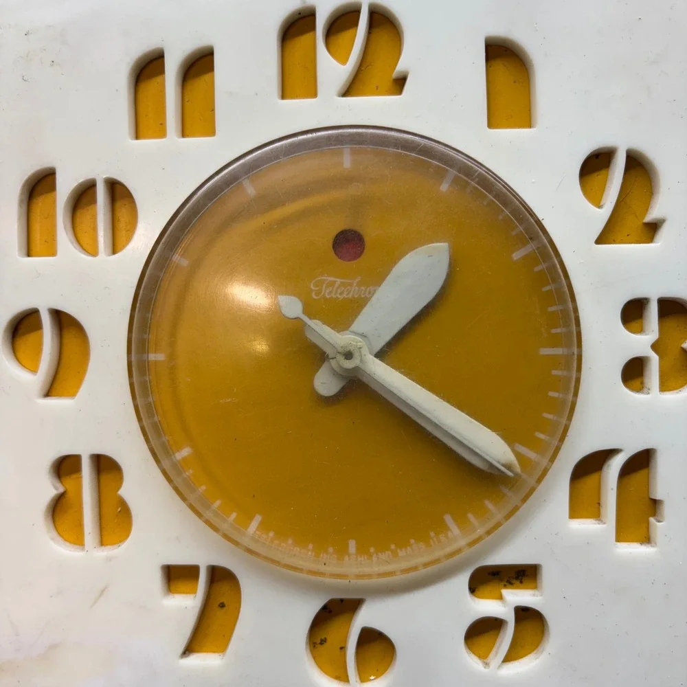Telechron Electric Wall Clock 2H27 White Yellow Vintage 1950s Parts MCM Square